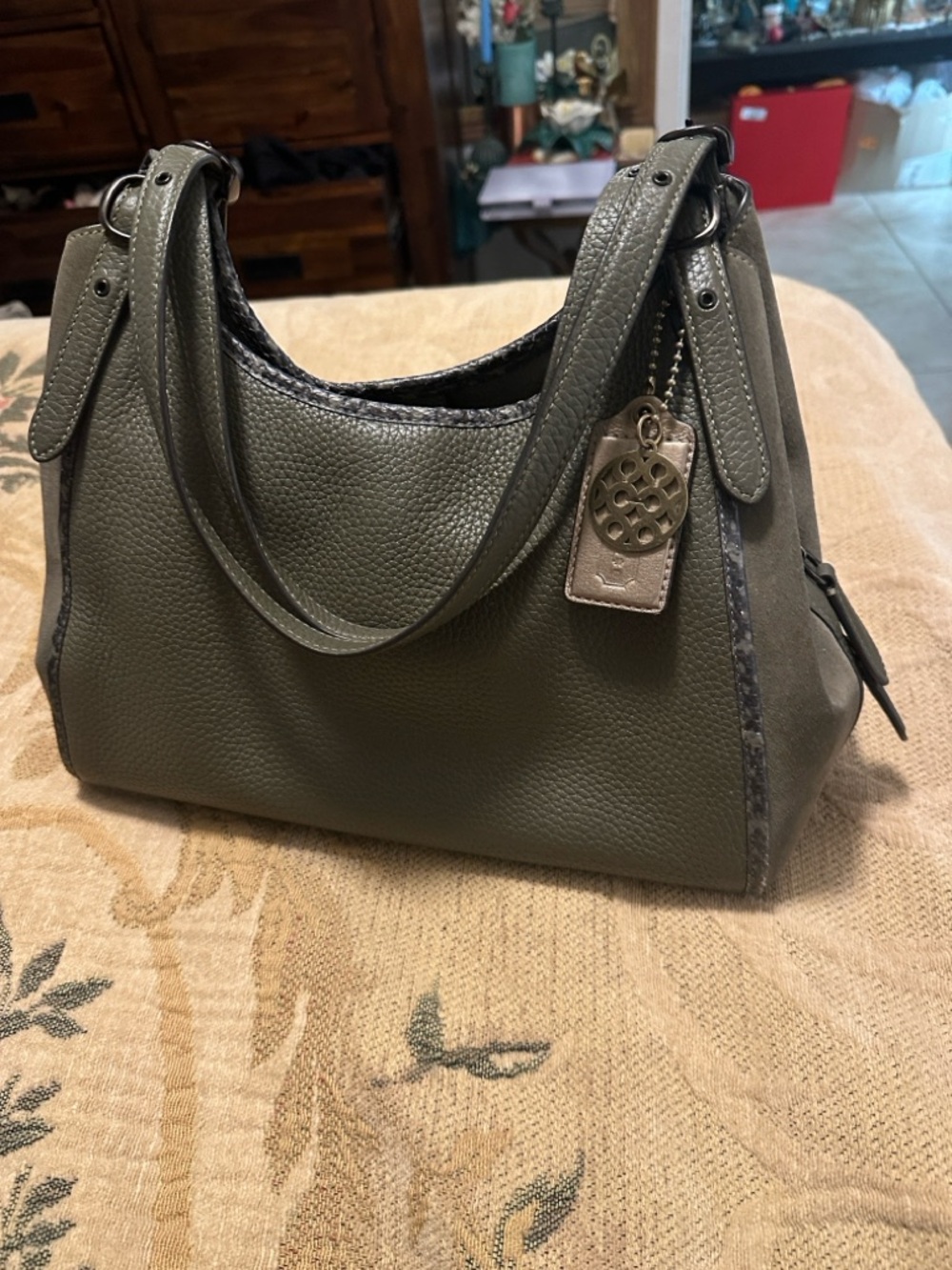 Coach Olive Green Pebble Leather Hobo Shoulder Bag with Charm